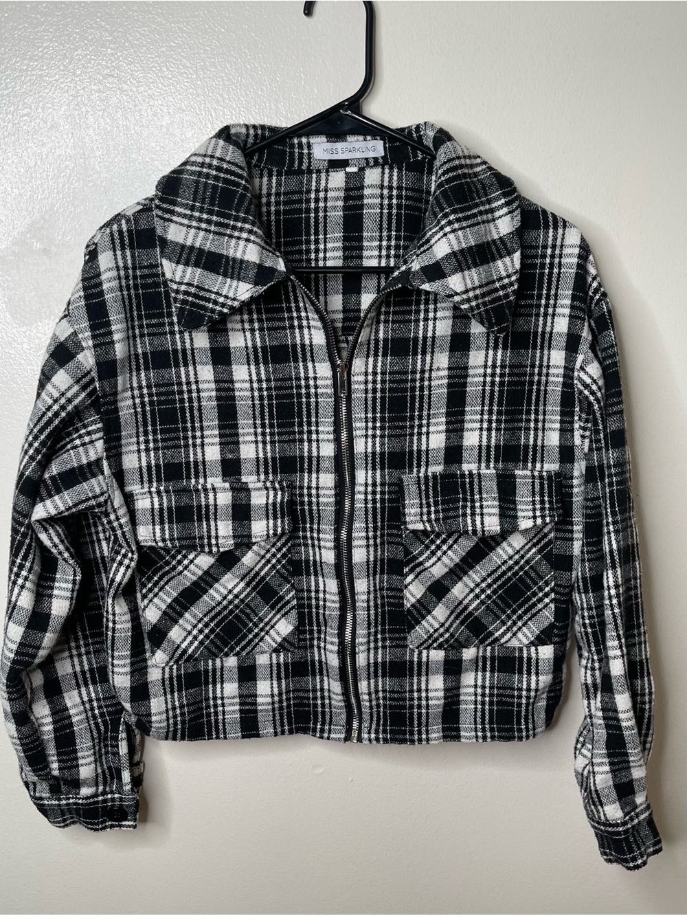 Miss Sparkling Black & White Plaid Zip-Front Utility Jacket